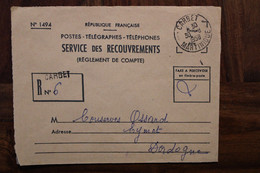 Delcampe - Martinique 1958 Carbet Cover Enveloppe PTT Recouvrement France Oblit. Mécanique Taxe Recommandé - Covers & Documents
