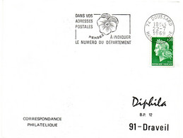 SAVOIE / HAUTE Dépt N° 74 = DOUSSARD 1969 = FLAMME SECAP ' PENSEZ à INDIQUER NUMERO DEPARTEMENT ' - Codice Postale