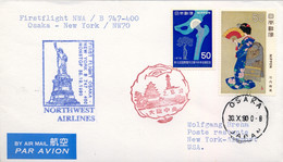 1990 , JAPÓN , FIRST FLIGHT / PRIMER VUELO OSAKA - NUEVA YORK  , CORREO AÉREO - Briefe U. Dokumente