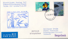 1989 , JAPÓN , PRIMER VUELO / FIRST FLIGHT , TOKYO - COPENHAGUEN , CORREO AÉREO - Brieven En Documenten