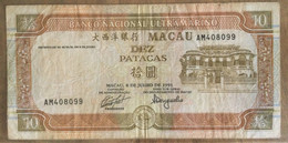 Banco National Ultramarino 10 Patacas 1991 TB Fine - Macao