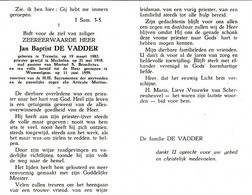 Doodsprentje   Priester Pastoor  J B DE VADDER   TREMELO 1882    Mechelen  Mortsel  Wommelgem 1959 - Esquela