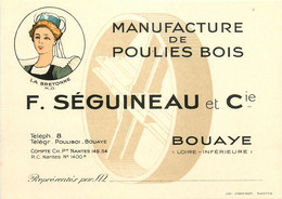 Bouaye * RARE ! * Manufacture De Poulies En Bois F. SEGUINEAU & Cie , La Bretonne * Scierie * Carte De Visite Ancienne - Bouaye