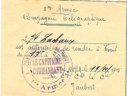 54 TOUL LE CAPITAINE COMMANDANT LA 1ère ARMEE COMPAGNIE TELEGRAPHIQUE AUTORISE LE SOLDAT LACHAUX A SE RENDRE A TOUL 1915 - 1914-18