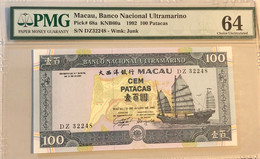 1992 BANCO NACIONAL ULTRAMARINO 100 PATACAS PICK#68a PMG64 - CHOICE UNCIRCULATED - Macao