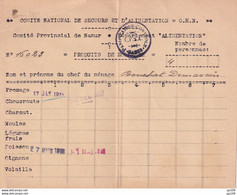 Comité National  De Secours  Et D'alimentation  NAMUR Ravitaillement Fromage, Choucroute, Poisson, ... - 1914-18