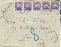 1920enveloppe EXPRES De Monaco Affr. Bande De 5 1,50 F  Pour Paris -au Dos, Cad Des Pneumatiques - Lettres & Documents