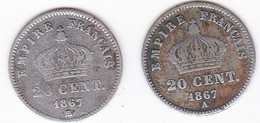 20 Centimes 1867 A Paris Et 1867 BB Strasbourg. Napoléon III, En Argent. 2 Pièces - 20 Centimes