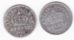 20 Centimes 1867 A Paris Et 1867 BB Strasbourg. Napoléon III, En Argent. 2 Pièces - 20 Centimes