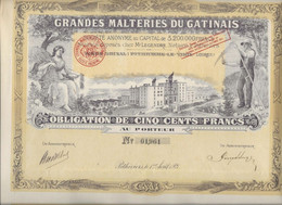 TRES BELLE OBLIGATION ILLUSTREE DE  500 FRS - GRANDES MALTERIES DU GATINAIS - -ANNEE 1921 - Agricoltura
