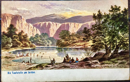 JORDAN POSTCARD 1960S  DIE TAUFSTELLE AM JARDAN, HILL,TREE,WATER LAKE,BOAT, VISITOR - Jordanie