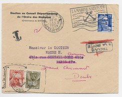 GANDON 15FR BLEU SEUL LETTRE MANQUE UN RABAT PARIS 1954 POUR PARIS REEXP CHARMONT DOUBS TAXE 10FR+20FR - 1945-54 Marianne (Gandon)