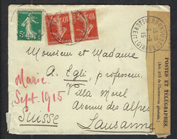FRANCE 1915: LSC De Verdun-s-le-Doubs Pour Lausanne Avec Les Y&T 137-138 Avec Censure Française - Guerre (timbres De)