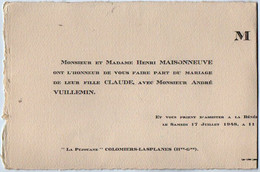VP18.398 - COLOMIERS LASPLANES X NUITS St GEORGES 1948 - Faire Part De Mariage De Mr A.VUILLEMIN & Melle C.MAISONNEUVE - Wedding