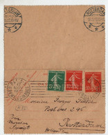 France Carte-lettre Semeuse 10c Complément D'affranchissement Pour Rotterdam 17 Novembre 1913 - Cartes-lettres