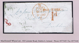 Ireland Derry 1846 Uniform Penny Handstruck "PAID AT DERRY/1d" In Red On Cover To Dublin, DERRY NO 11 1846 Cds Green - Prefilatelia