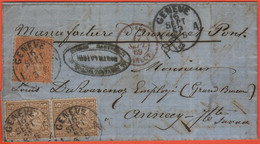 SVIZZERA - SUISSE - HELVETIA - 1869 - 20c + 2 X 5c + PD - Manufacture D'Annecy Et Pont - Viaggiata Da Genève Per Annecy, - Covers & Documents