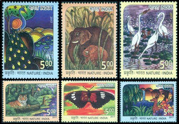 Tiger, Peacock, Butterflies, Dear, Elephant, Crane, Animals, Birds, India 2017 MNH 6v - Paons