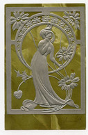 Femme Art Nouveau. Woman.décor Argenté à Fond Vert. Carte En Relief.embossed. - 1900-1949