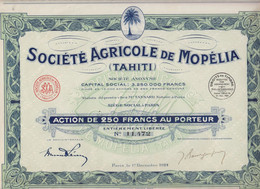 SOCIETE AGRICOLE DE MOPELIA (TAHITI) ACTION DE 250 FRS AU PORTEUR N° 11 472 - Agriculture