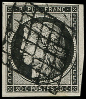 O FRANCE - Poste - 3a, Oblitération Grille, Signé J.F. Brun, TB: 20c. Noir S. Blanc - 1849-1850 Cérès