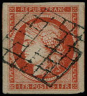 O FRANCE - Poste - 7, 1f. Vermillon Vif, Oblitération Grille, Légère Réparation Angle Supérieur Droit, Certificat Robine - 1849-1850 Cérès