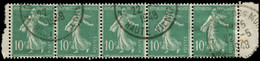 O FRANCE - Poste - 188B, Chiffres Maigres, Bande De 5, Bdf: 10c. Semeuse Vert - Usati