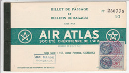 AIR ATLAS - AIR MAROC CASABLANCA - TITRE DE TRANSPORT  (1954) - BILLET De PASSAGE Et BILLET DE Bagages + Timbres Fiscau - Mundo