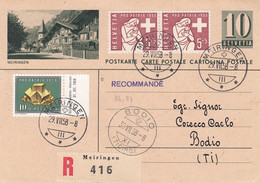 Suisse - Entiers Postaux - Carte Illustrée Meiringen -  De Meiringen à Bodio - 29/07/58 - Illust Et Oblitér Idem - Postwaardestukken
