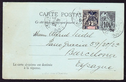 1904 GZ Karte Mit überdruckter Zusatzmarke Aus Noumea, Neukaledonien Nach Barcelona. Minim Fleckig. - Cartas & Documentos