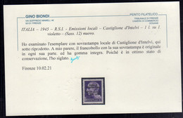 EMISSIONI LOCALI CASTIGLIONE D'INTELVI 1945 IMPERIALE LIRE 1 SU 1 LIRA MNH CERTIFICATO - Ortsausgaben/Autonome A.