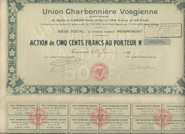 UNION CHARBONNIERE VOSGIENNE *DIVISE EN 4800 ACTIONS DE 50 FRS -REMIREMONT - ANNEE 1923 - Miniere