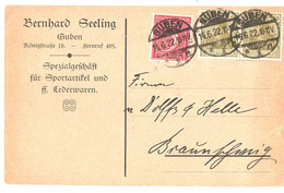Postkarte, Guben, "Bernhard Seeling Lederwaren", Gel. 1922, MeF, Nach Braunschweig - Briefe U. Dokumente
