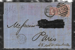 Grande Bretagne Lettre Du 24  Aout 1875 De Manchester Pour Paris Via Calais - Lettres & Documents