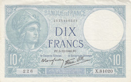 Billet 10 F Minerve Du 5-12-1940 FAY 07.23 Alph. X.81020 - 1 épinglage - 10 F 1916-1942 ''Minerve''