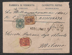 Regno - Umberto I - Assicurata Lire 1214 Gr. 18 Affrancata 1 Lira + 10 Cent + 5 Cent (38 + 48 + 59) - Da Bussoleno Per M - Autres & Non Classés