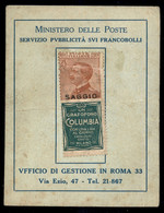 Regno - Prove E Saggi - 1925 - Saggi - Tagliando Pubblicitario Con Applicato 30 Cent Columbia (9) Difettoso - Autres & Non Classés