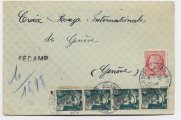 GANDON 2FR BANDE DE 4+1FR MAZELIN LETTRE REC PROVISOIRE FECAMP 1946 POUR CROIX ROUGE GENEVE - 1945-54 Marianne (Gandon)