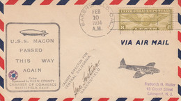 Zeppelin - 1934 - USA - Lettre Du 10/02/1934 - De Bakersffeld à Lakewood - Zeppelines