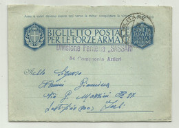 BIGLIETTO POSTALE - DIVISIONE FANTERIA SASSARI 34 COMPAGNIA ARTIERI - POSTA MILITARE N. 86 - 1943 - PIEGA CENTRO - Marcofilie