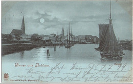 Gruss Aus ANKLAM Mondscheinkarte Hafen Silhouette Segelboot 7.7.1899 Gelaufen - Anklam