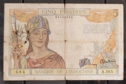 French Indochina Indo China Indochine Laos Vietnam Cambodia 5 Piastres Fine Banknote Note 1932 - Pick # 53a / 2 Photos - Indochina