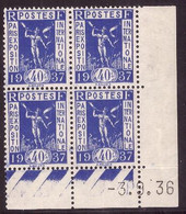 FRANCE N°324* EXPOSITION 1937 COIN DATE DU 3/9/1936 - 1930-1939
