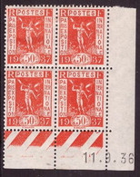 FRANCE N°325* EXPOSITION 1937 COIN DATE DU 11/9/1936 - 1930-1939