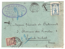 DEVANT Lettre Belgique Anvers Antwerpen Ob 1 2 1921 Taxe 50c Banderole Yv 37 Dest St MIHIEL Meuse - 1859-1959 Briefe & Dokumente