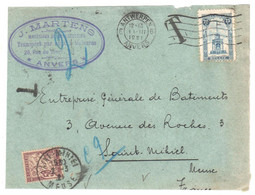 DEVANT Lettre Belgique Anvers Antwerpen Ob 1 2 1921 Taxe 50c Banderole Yv 37 Dest St MIHIEL Meuse - 1859-1959 Cartas & Documentos