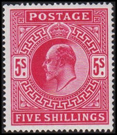 1902 - 1913. ENGLAND. Edward VII. 5 FIVE SHILLINGS. Beautiful Stamp. Hinged.  (Michel 116A) - JF510294 - Nuovi