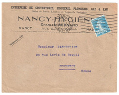 NANCY Lettre Entête HYGIENE Couverture Zinguerie Plomberie Gaz Eau Bernard 25c Semeuse Bleu Yv 140 - Briefe U. Dokumente