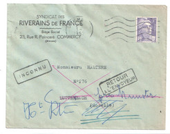 COMMERCY Meuse Lettre Entête Riverains De France 5F Gandon Violet YV 883 Retour Envoyeur Inconnu Lutterbach Munster - 1921-1960: Période Moderne