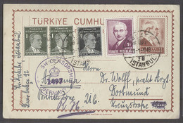 TURKEY. 1948 (16 Jan). Istambul - Germany, Dortmund, British Zone. 4 1/2 Brown Kurus Stat Card 4 Adrls Censored At Arriv - Non Classificati